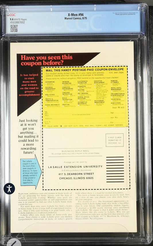 Uncanny X-Men #94 CGC 9.4 Marvel, 1975 White Pages New X-men Begin