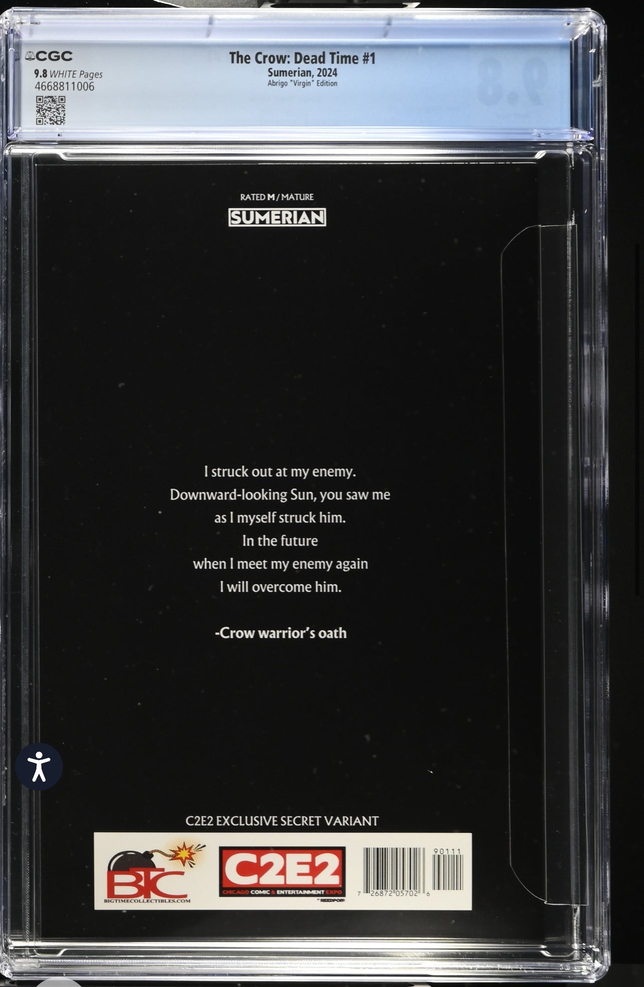 The Crow: Dead Time #1 CGC 9.8 (Sumerian, 2025) Abrigo C2E2 Virgin Variant reprints Crow: Dead Time 1996