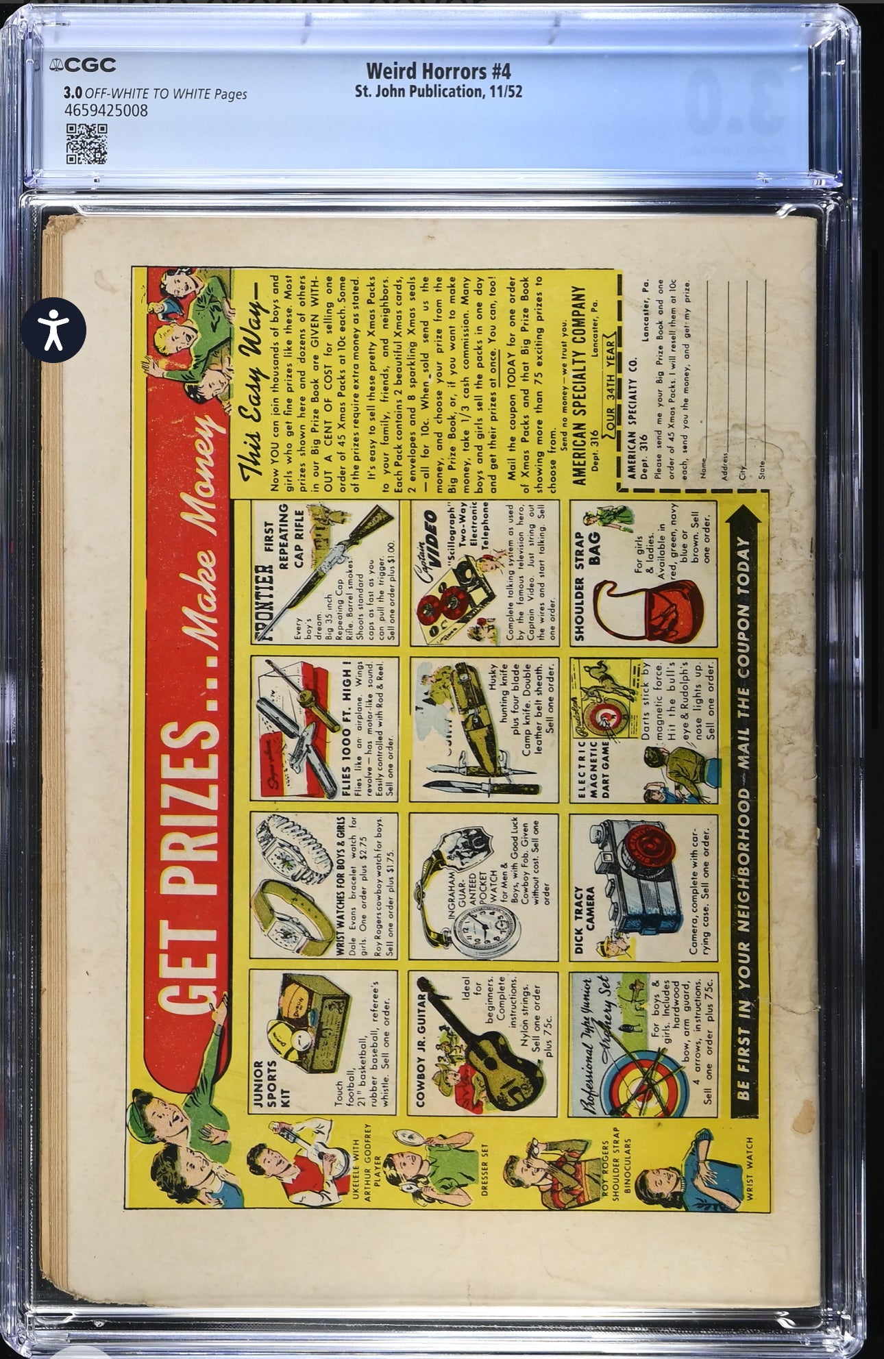 WEIRD HORRORS #4 CGC 3.0 (St. John, 1952) Golden Age Pre Code Horror