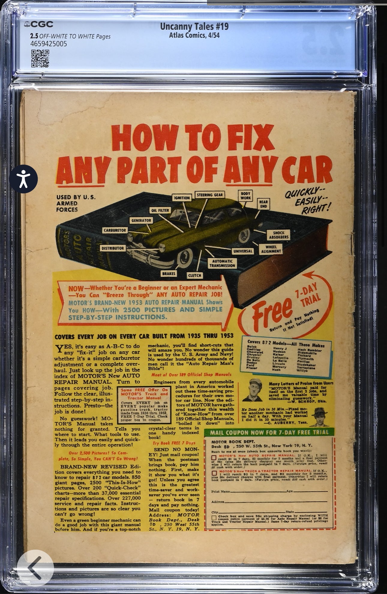 Uncanny Tales #19 CGC 2.5 (Atlas, 1954) Pre-Code Horror Golden Age Comic