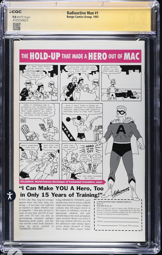 Radioactive Man #1 CGC SS 9.0 Signed by Bill Morrison Glow In The Dark Cover (Bongo Comics, 1993)