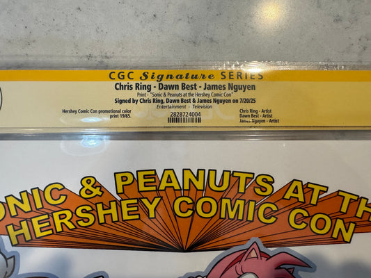 Hershey Comic Con 2024 11x17 CGC Signature Series Art Print (Sonic & Peanuts) Signed by Dawn Best, Chris Ring & James Nguyen