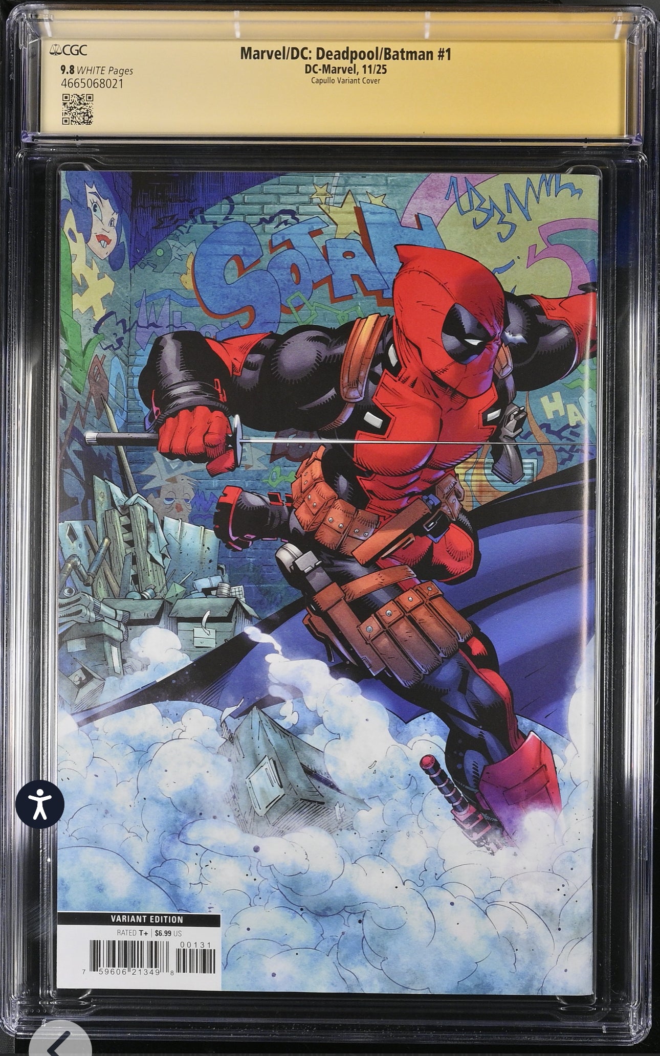 Marvel/DC: Deadpool/Batman #1 CGC SS 9.8 Marvel, Capullo Variant, 2025) Signed By Alex Sinclair, Zeb Wells, Greg Capullo, Al Ewing