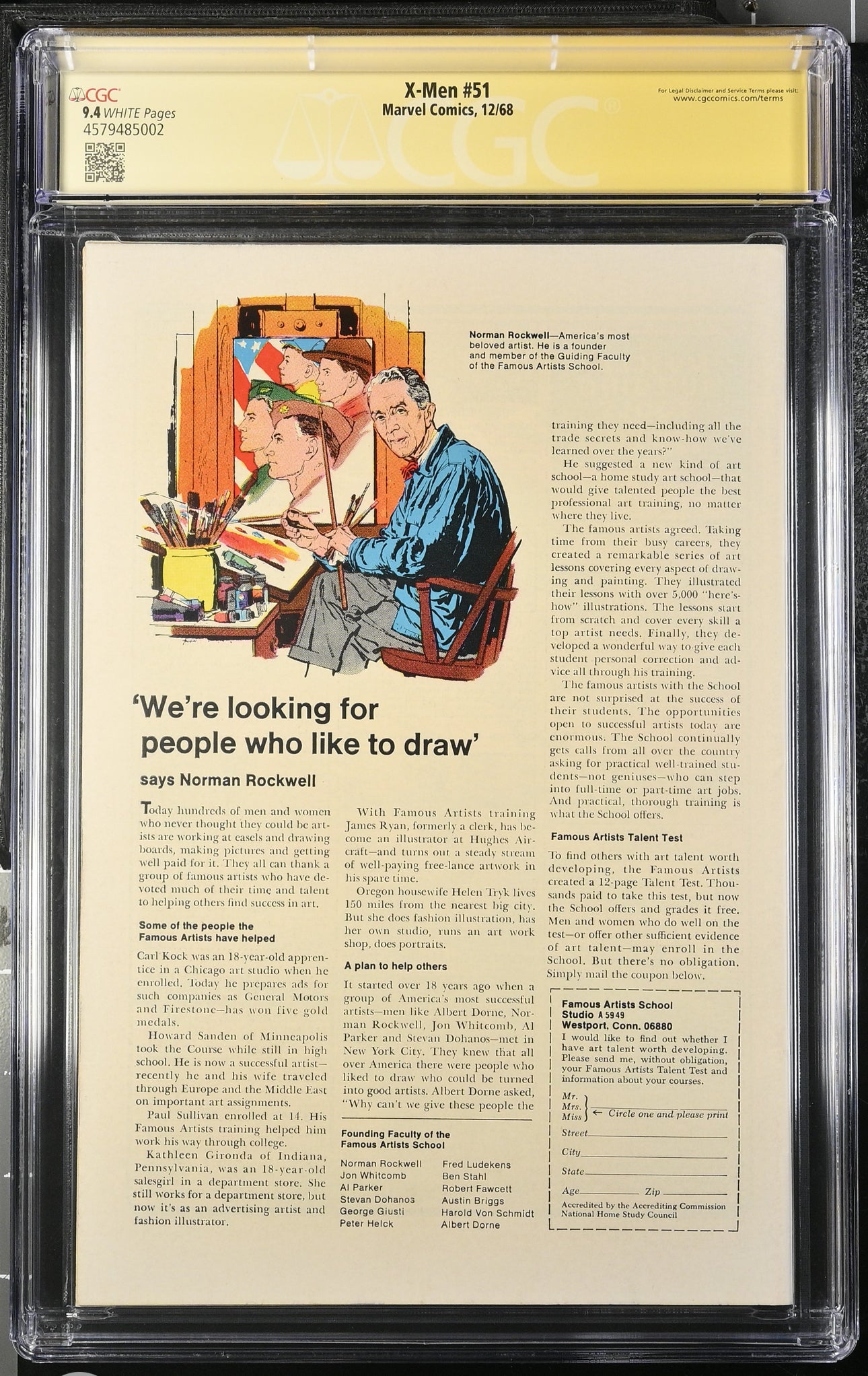 X-Men #51 CGC SS 9.4 Signed By Jim Steranko (Marvel, 1968, White Pages, Erik)