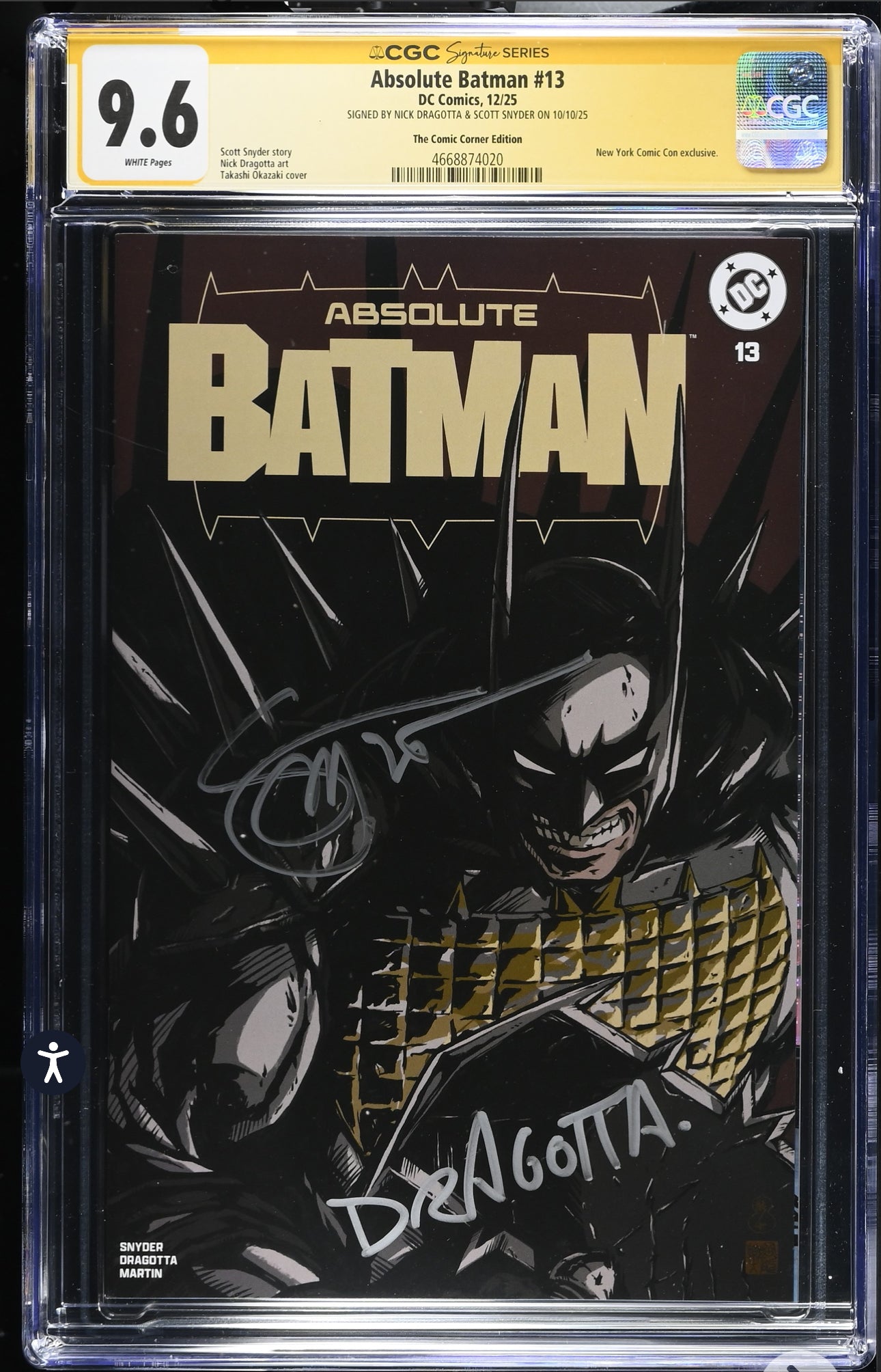 Absolute Batman #13 CGC SS 9.6 Signed By Scott Snyder & Nick Dragotta (NYCC Okazaki Variant, 2025)