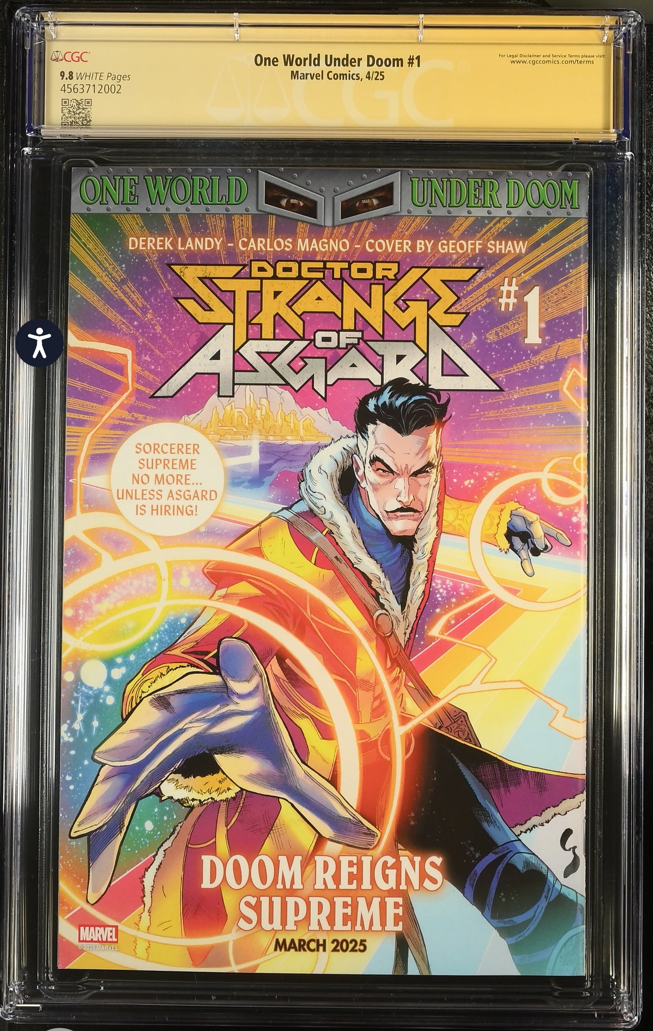 ONE WORLD UNDER DOOM #1 CGC SS 9.8 (Marvel, 2025) Signed By Ben Harvey