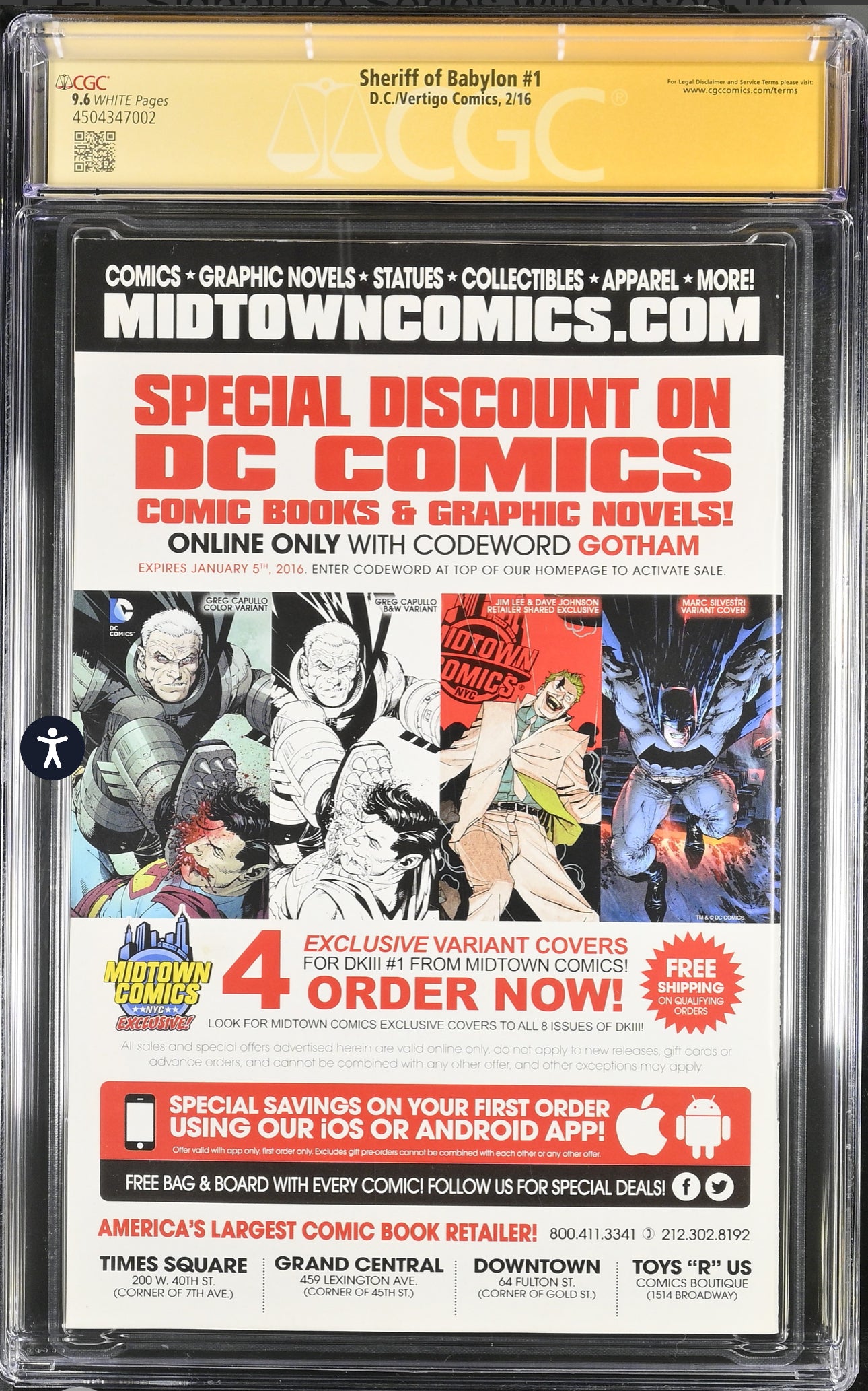 SHERIFF OF BABYLON #1 CGC SS 9.6 (DC, Vertigo 2016) Signed By Mitch Gerads & Tom King