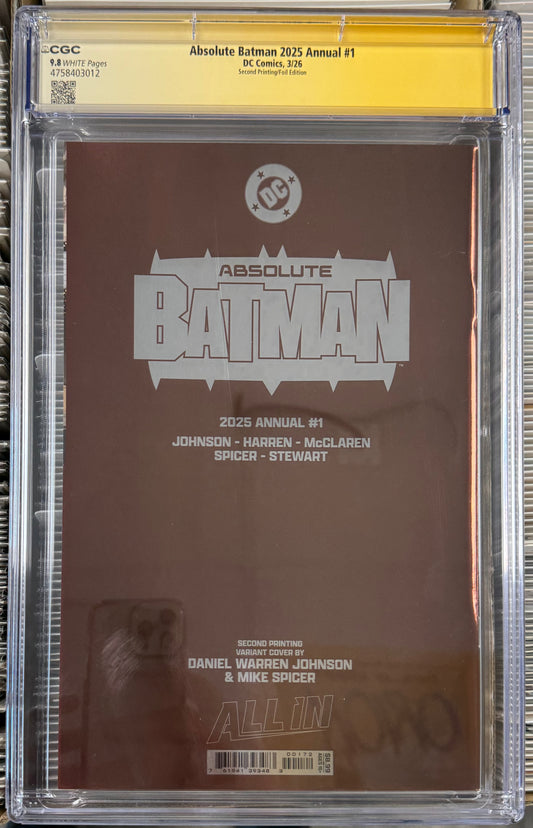 Absolute Batman 2025 Annual #1 CGC SS 9.8 Signed By James Harren, Scott Snyder, Mike Spicer, Daniel Warren Johnson (DC, 2026 Second Print Foil)