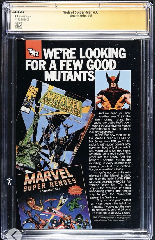 Web of Spider-Man #36 CGC SS 9.8 3x Signed By Jim Salicrup, Alex Saviuk, Keith Wiliams (Marvel, 1988)