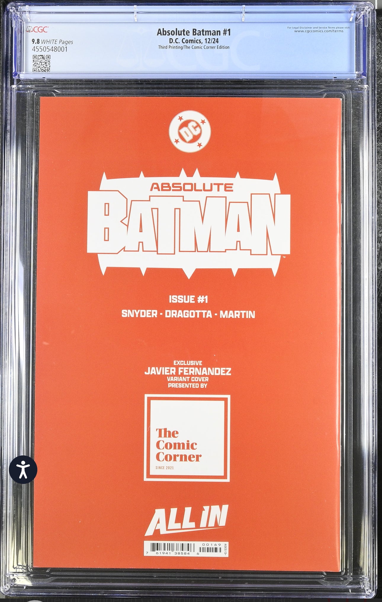 Absolute Batman #1 CGC 9.8 (DC, 2025) Javier Fernandez Black & White W/Red Splash Akira Limited 2000