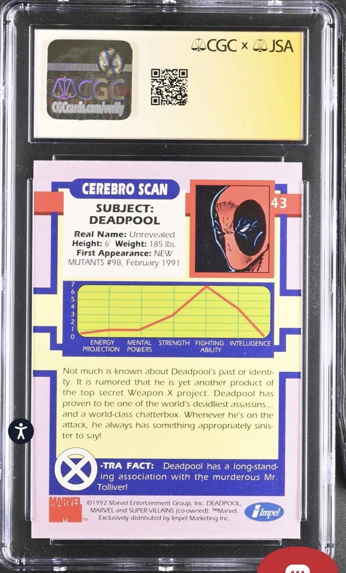 1992 Impel X-Men Series 1 #43 Deadpool Card CGC SS 7.0 Signed By Fabian Nicieza (Marvel)