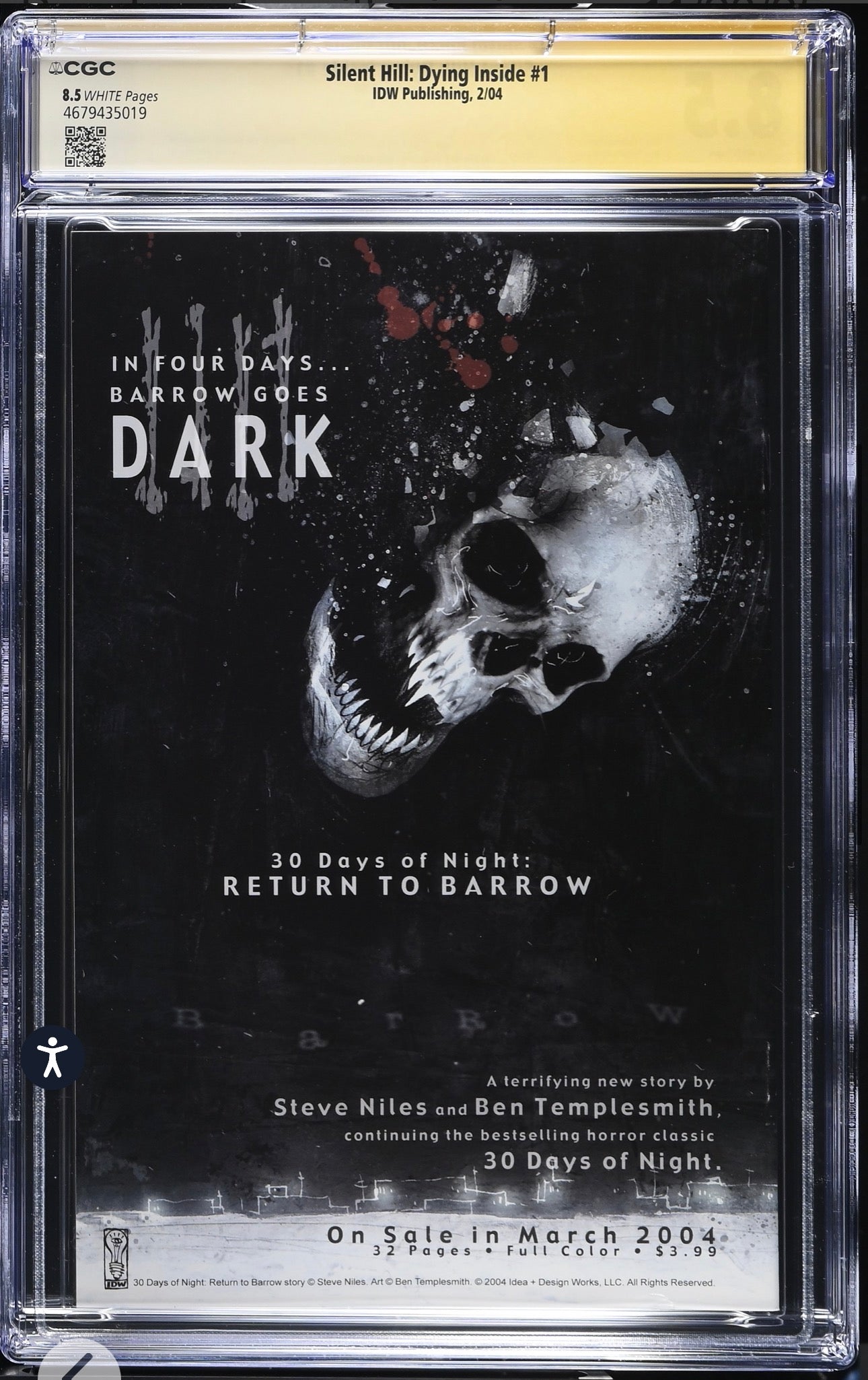 Silent Hill Dying Inside #1 CGC SS 8.5 (IDW, 2004) Signed By Ben Templesmith