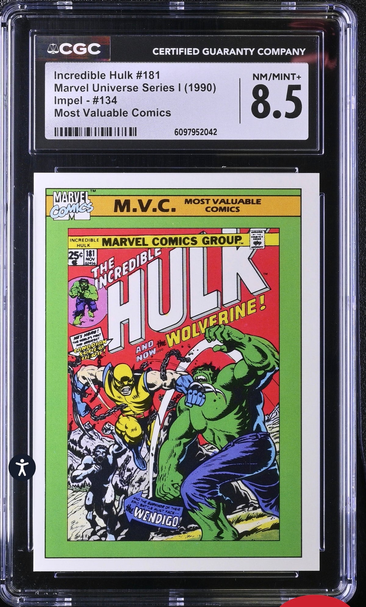 INCREDIBLE HULK #181 1990 IMPEL MARVEL UNIVERSE MVC #134 CGC 8.5 Card