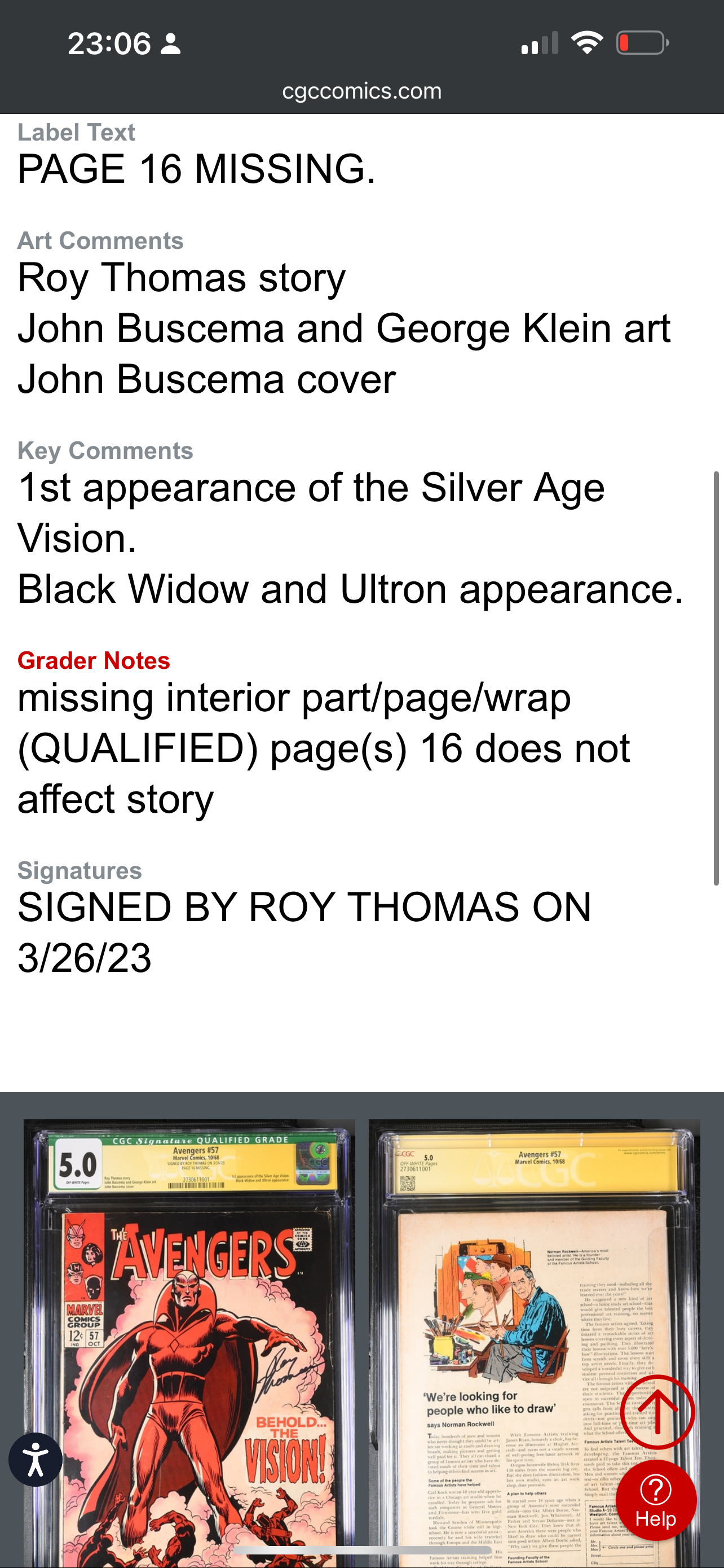 Avengers #57 CGC SS 5.0 Qualified Grade (signed by Roy Thomas)