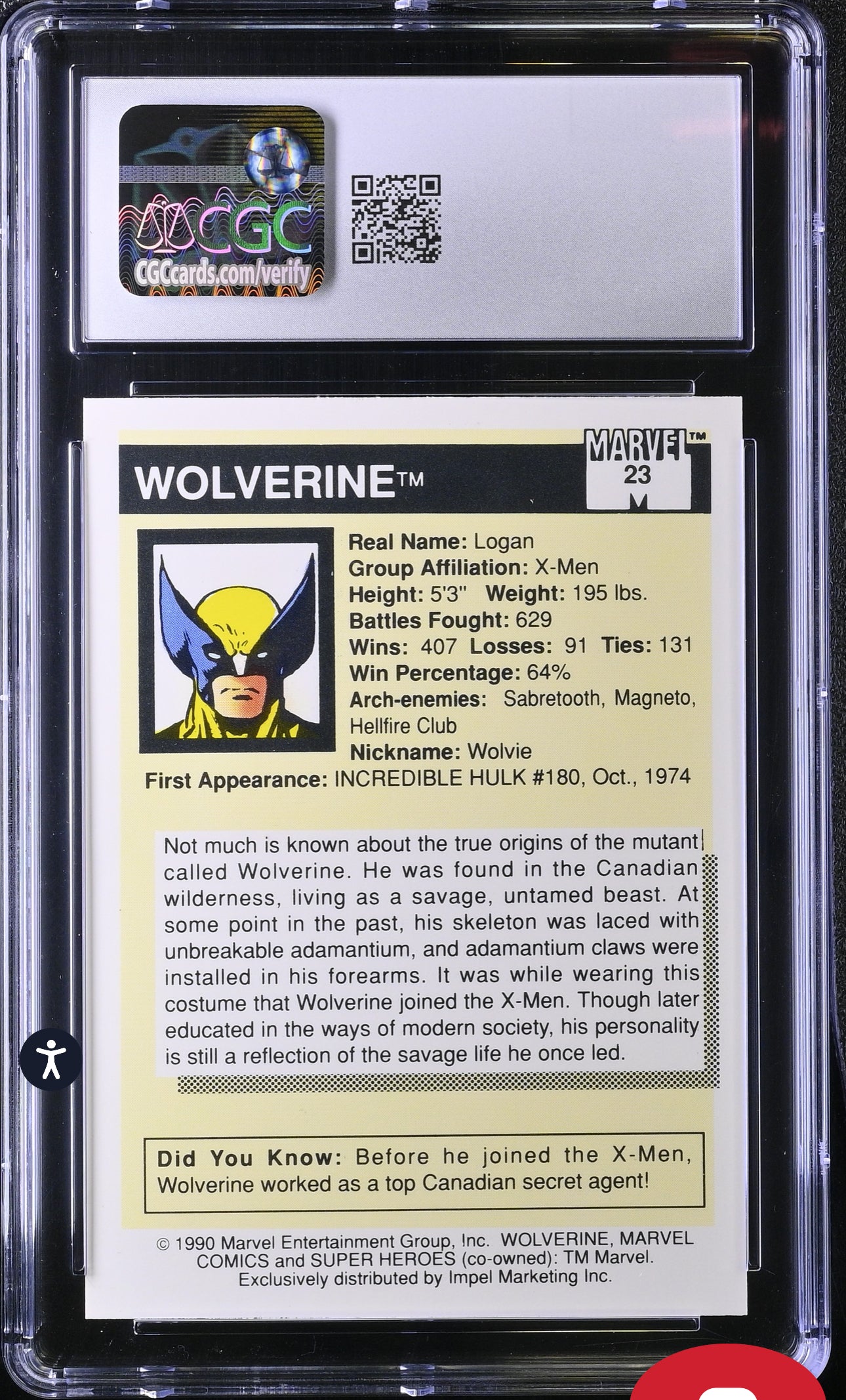 Wolverine CGC 7 (Near Mint) Marvel Universe Series I 1990 Impel #23 CGC CARDS