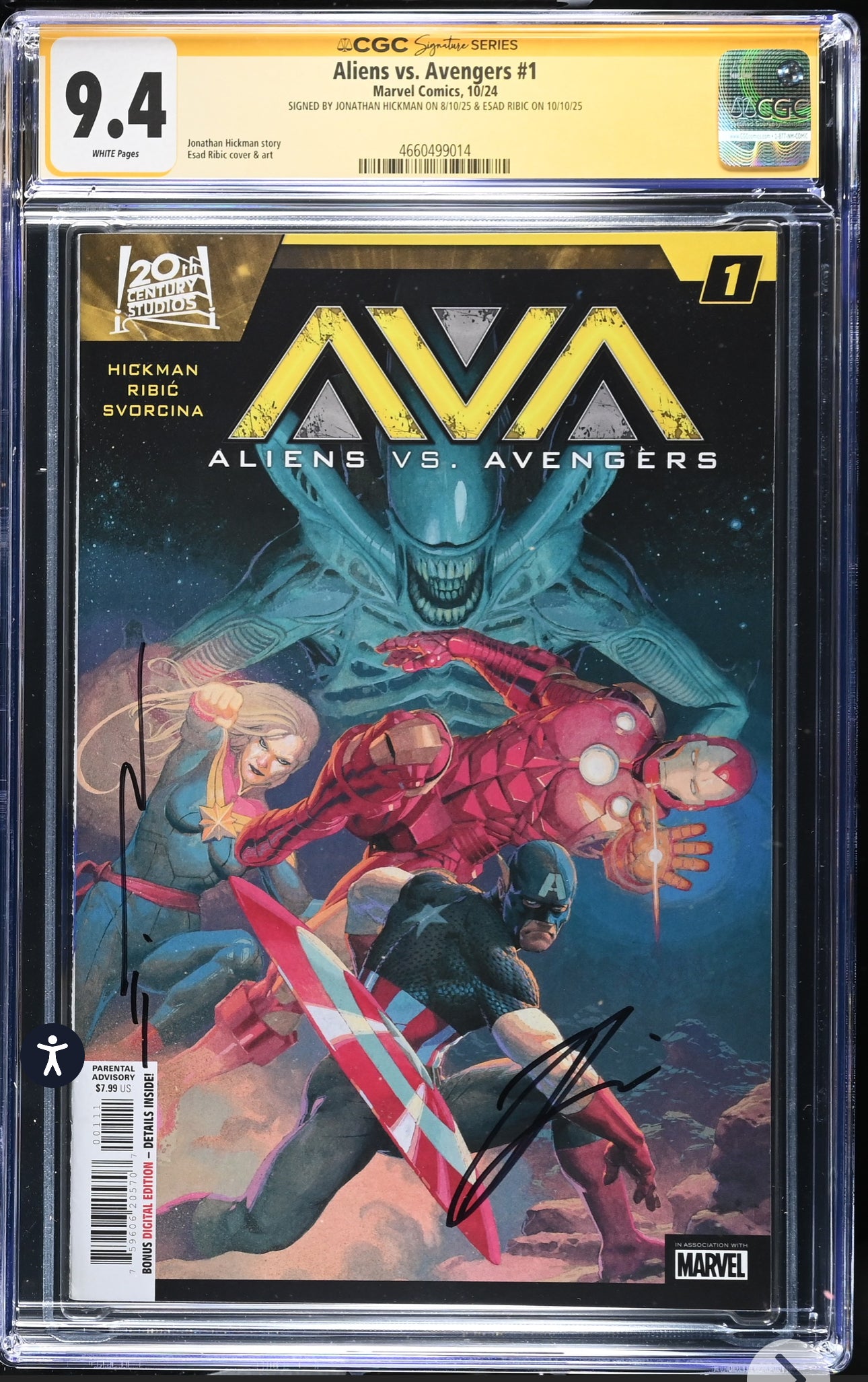Aliens vs Avengers #1 CGC SS 9.4 (Marvel, 2024) Signed By Jonathan Hickman & Esad Ribic
