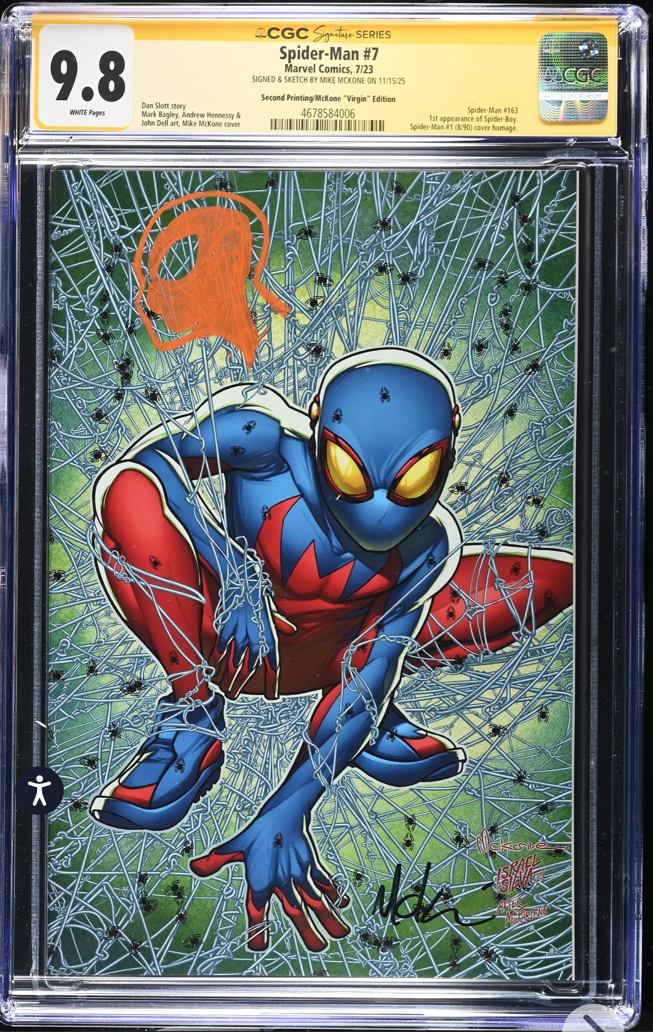 Spider-Man #7 CGC SS 9.8 (Marvel, 2023) 2nd Print Virgin Signed & Sketch By Mike McKone (1st Appearance of Spider-Boy)