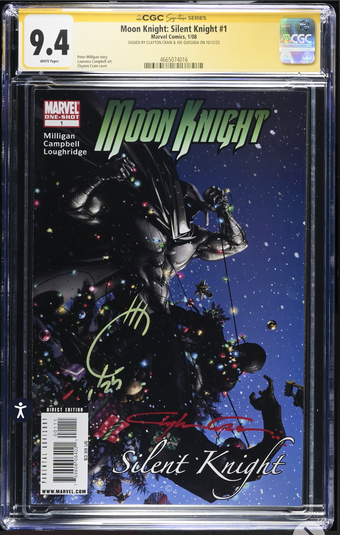 Moon Knight: Silent Knight #1 CGC SS 9.4 Signed By Joe Quesada & Clayton Crain (Marvel, 2008)
