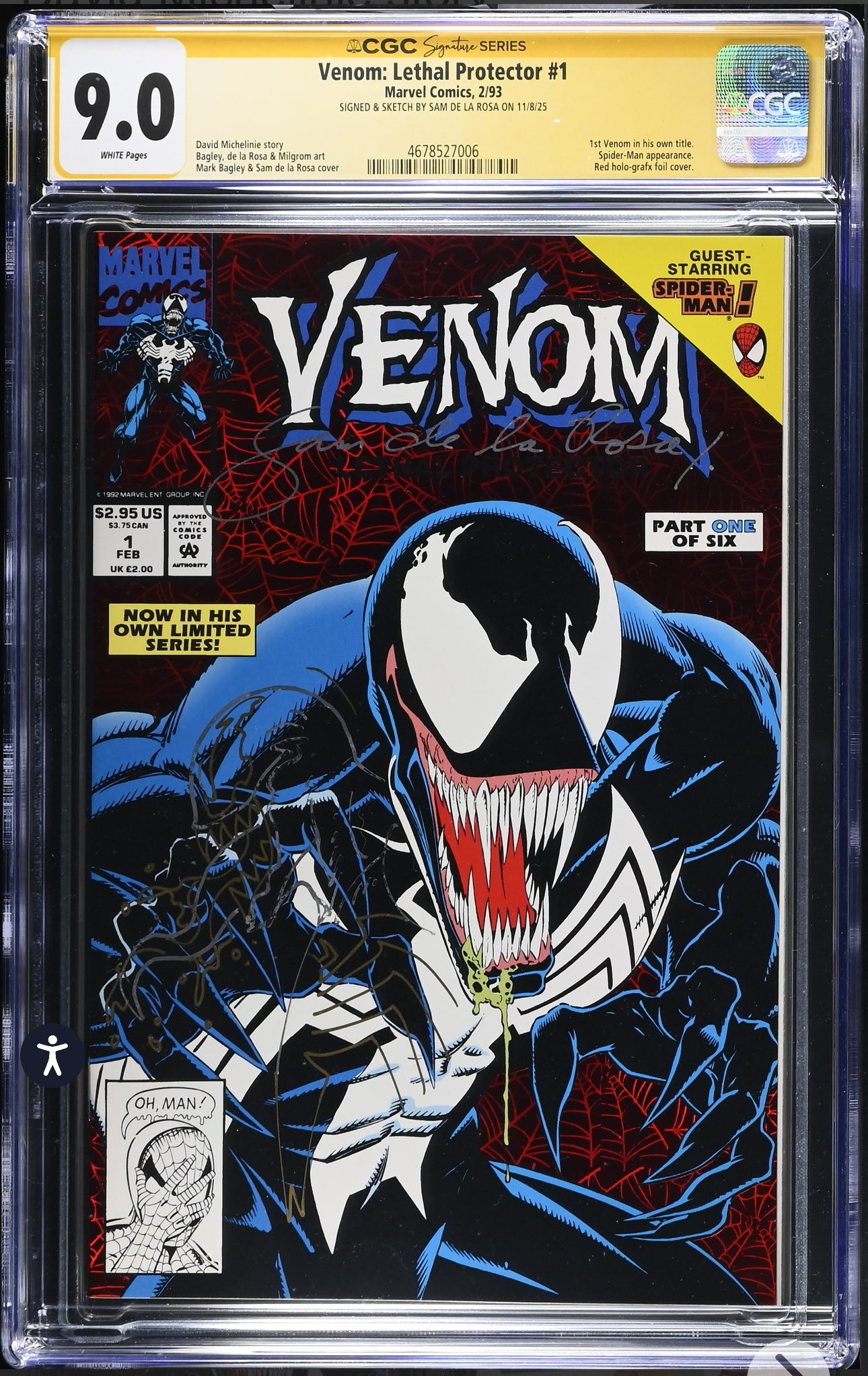 Venom: Lethal Protector #1 CGC SS 9.0 Signed/Sketch By Sam De La Rosa (Marvel, 1993)