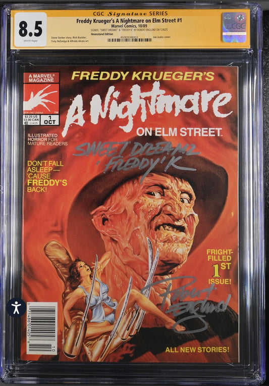 Freddy Kruegers A Nightmare on Elm Street #1 CGC SS 8.5 (Marvel, 1989 Newsstand Edition) Signed By Robert Englund and wrote “Sweet Dreamz, Freddy K”