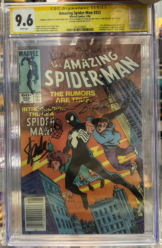 Amazing Spider-Man #252 CGC SS 1st Black Costume , Signed X4, Stan Lee, Ron Frenz w/Remarque, Tom DeFalco, Klaus Janson (Newsstand Edition, One of a Kind)