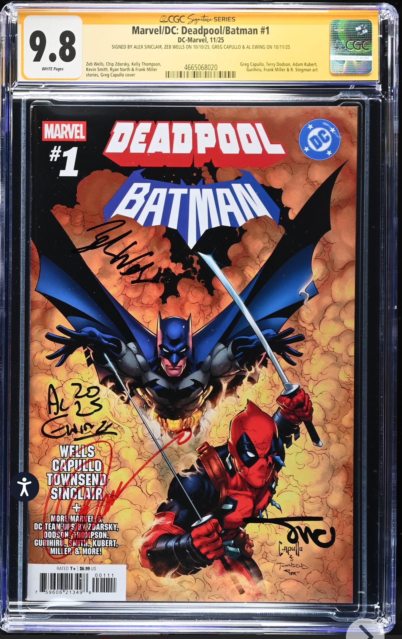 Marvel/DC: Deadpool/Batman #1 CGC SS 9.8 Marvel, Cover A, 2025) Signed By Alex Sinclair, Zeb Wells, Greg Capullo, Al Ewing