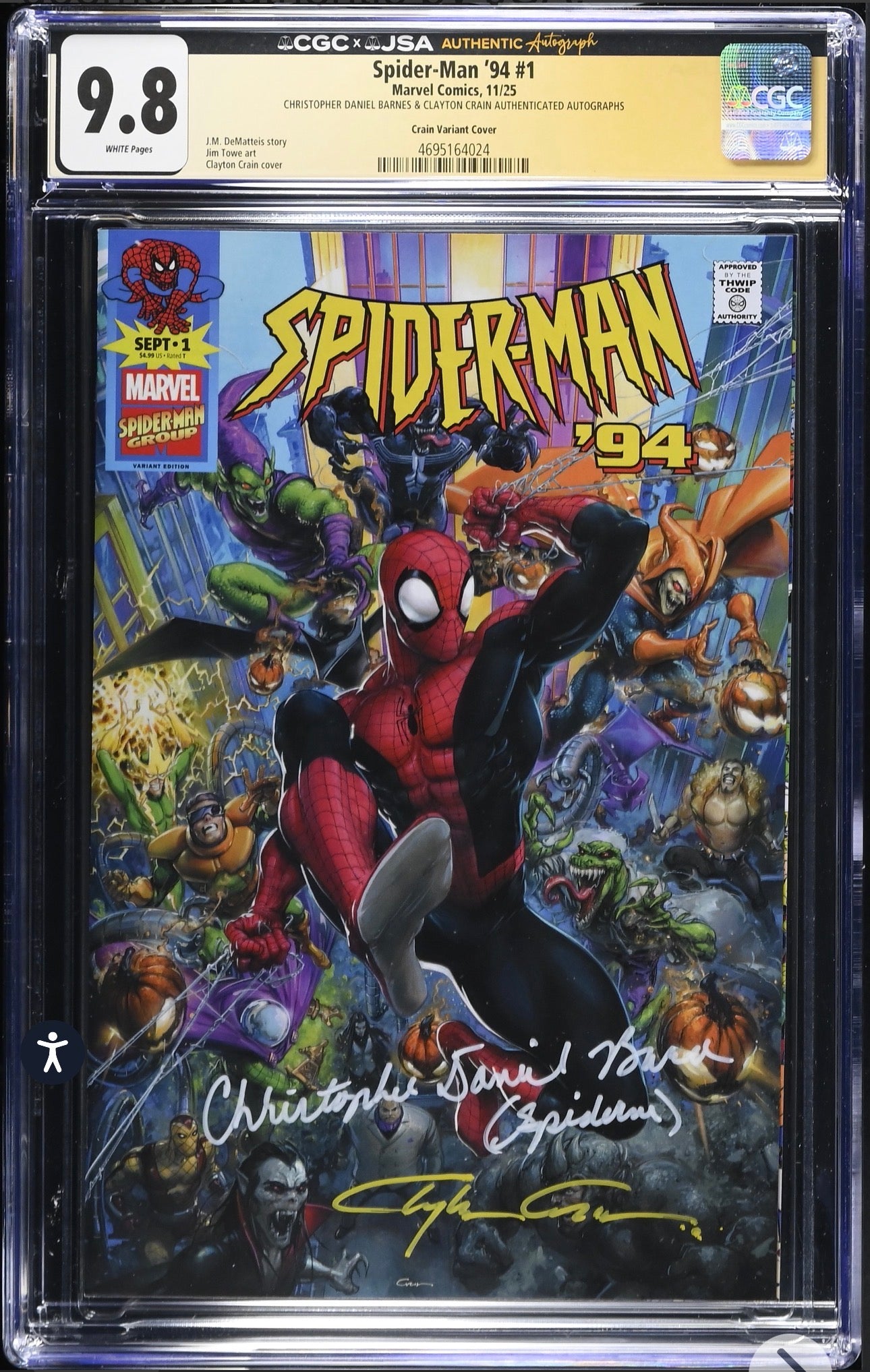 Spider-Man ‘94 #1 CGC x JSA 9.8 (Marvel, 2025) Crain Trade Variant Signed by Clayton Crain & Christopher Daniel Barnes