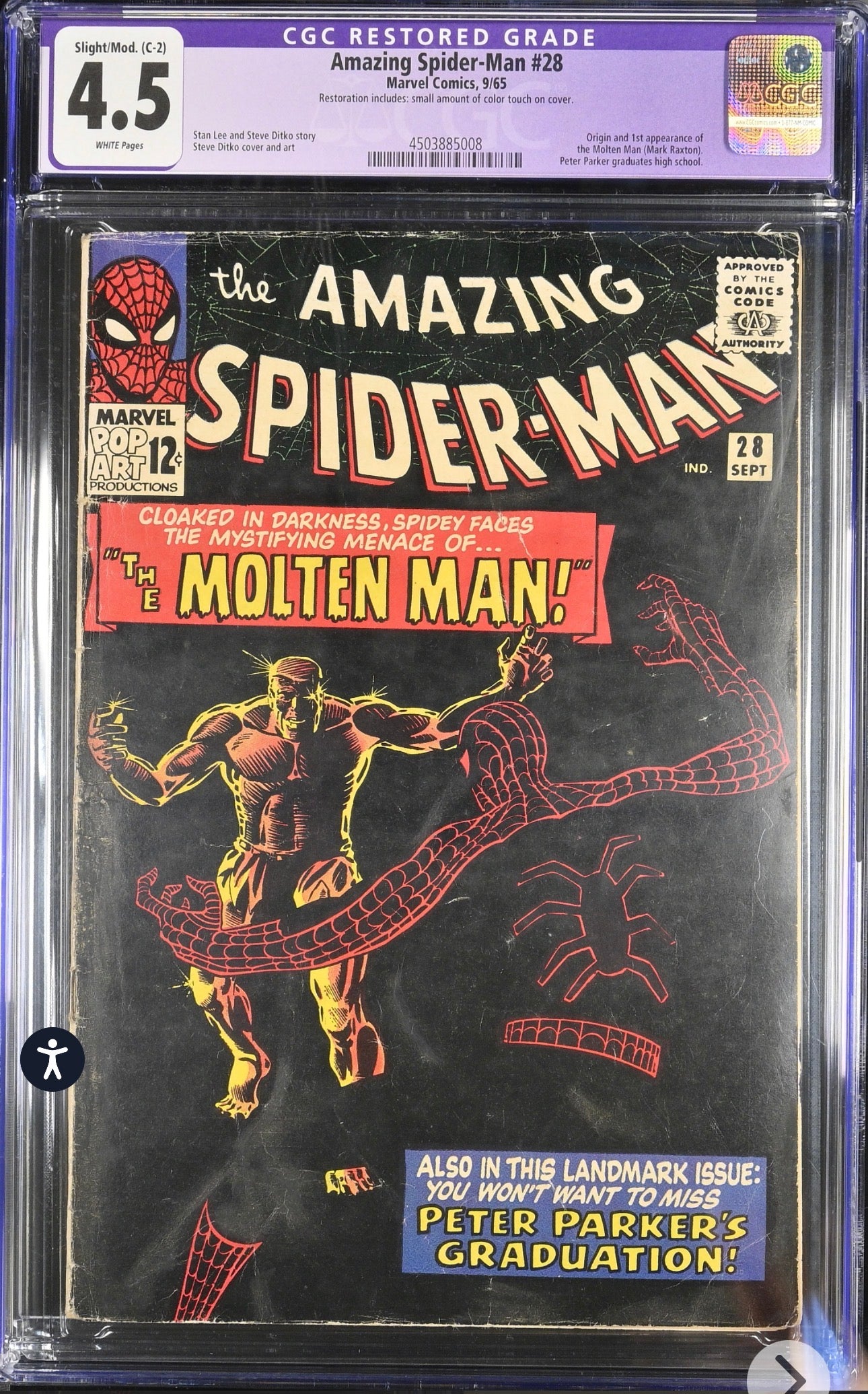 Amazing Spider-Man #28 CGC 4.5 Restored (Marvel, 1965) 1st App Molten Man