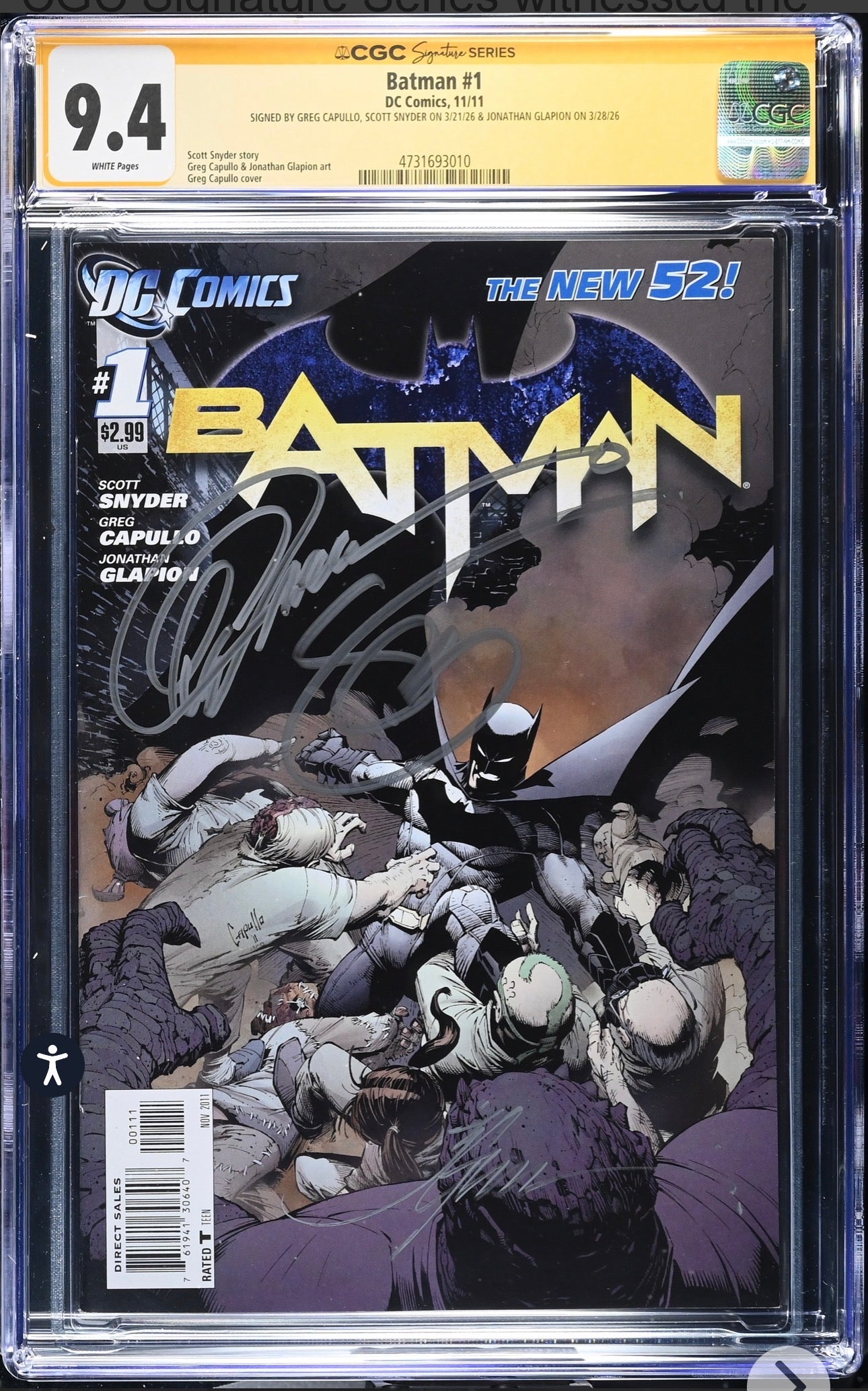 BATMAN #1 CGC SS 9.4 (DC, 2011) Signed By Scott Snyder, Greg Capullo, Glapion