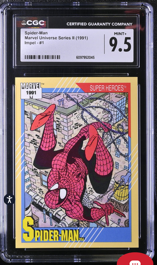 Spider-Man CGC 9.5 (Mint+) Marvel Universe Series II 1991 Impel #1 CGC CARDS