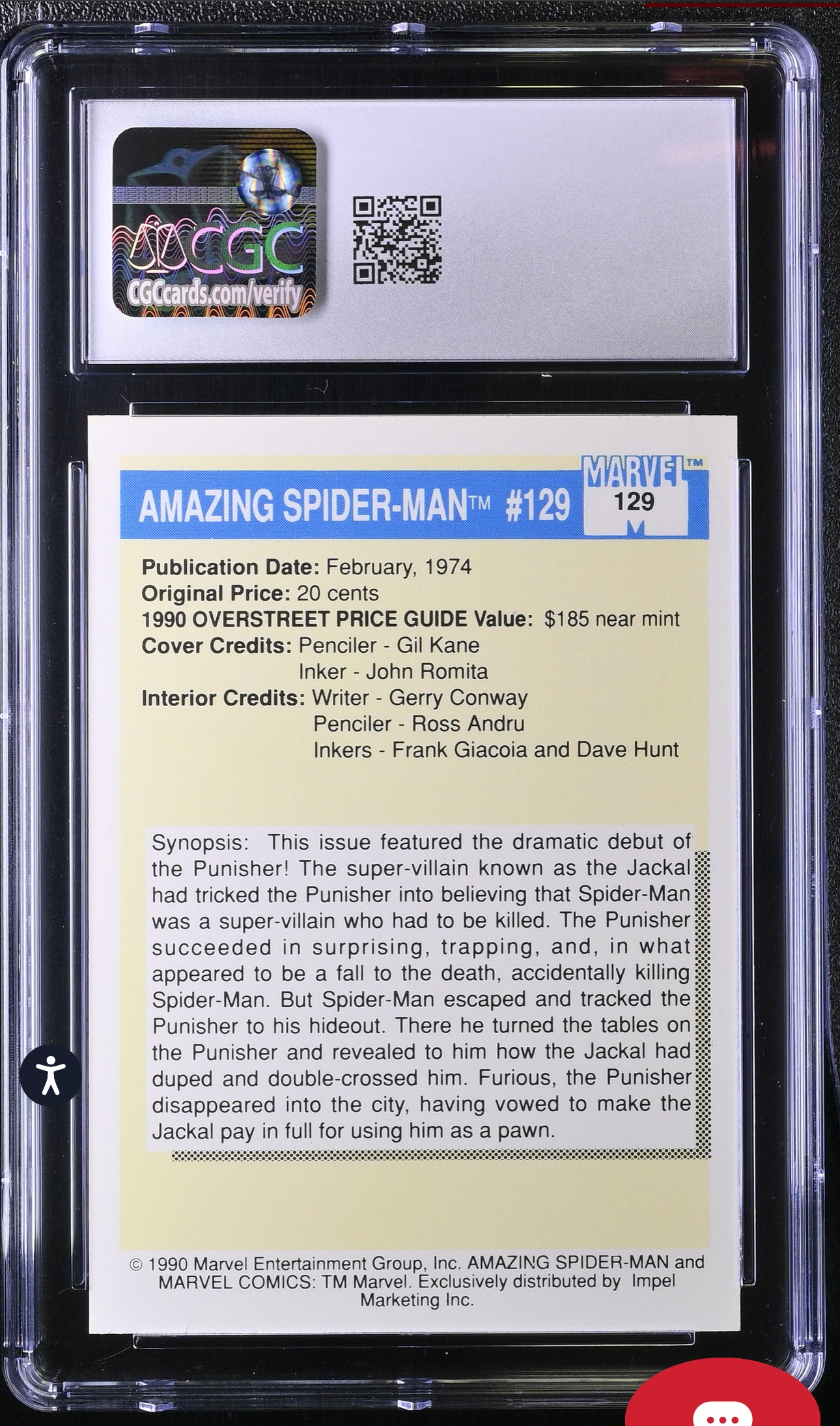 Amazing Spider-Man #129 CGC 9 (Mint) Marvel Universe Series I 1990 Impel #129 CGC CARDS