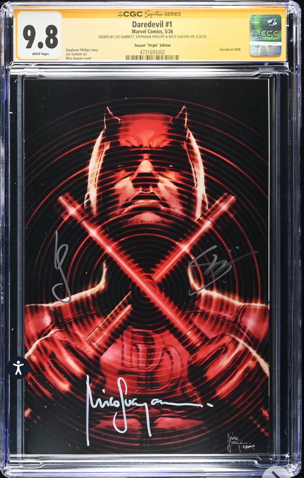 DAREDEVIL #1 CGC SS 9.8 Signed By Mico Suayan, Stephanie Phillips, Lee Garbett (Marvel, 2026) Virgin Variant