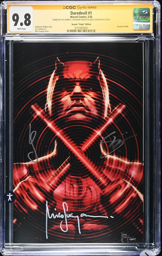 DAREDEVIL #1 CGC SS 9.8 Signed By Mico Suayan, Stephanie Phillips, Lee Garbett (Marvel, 2026) Virgin Variant