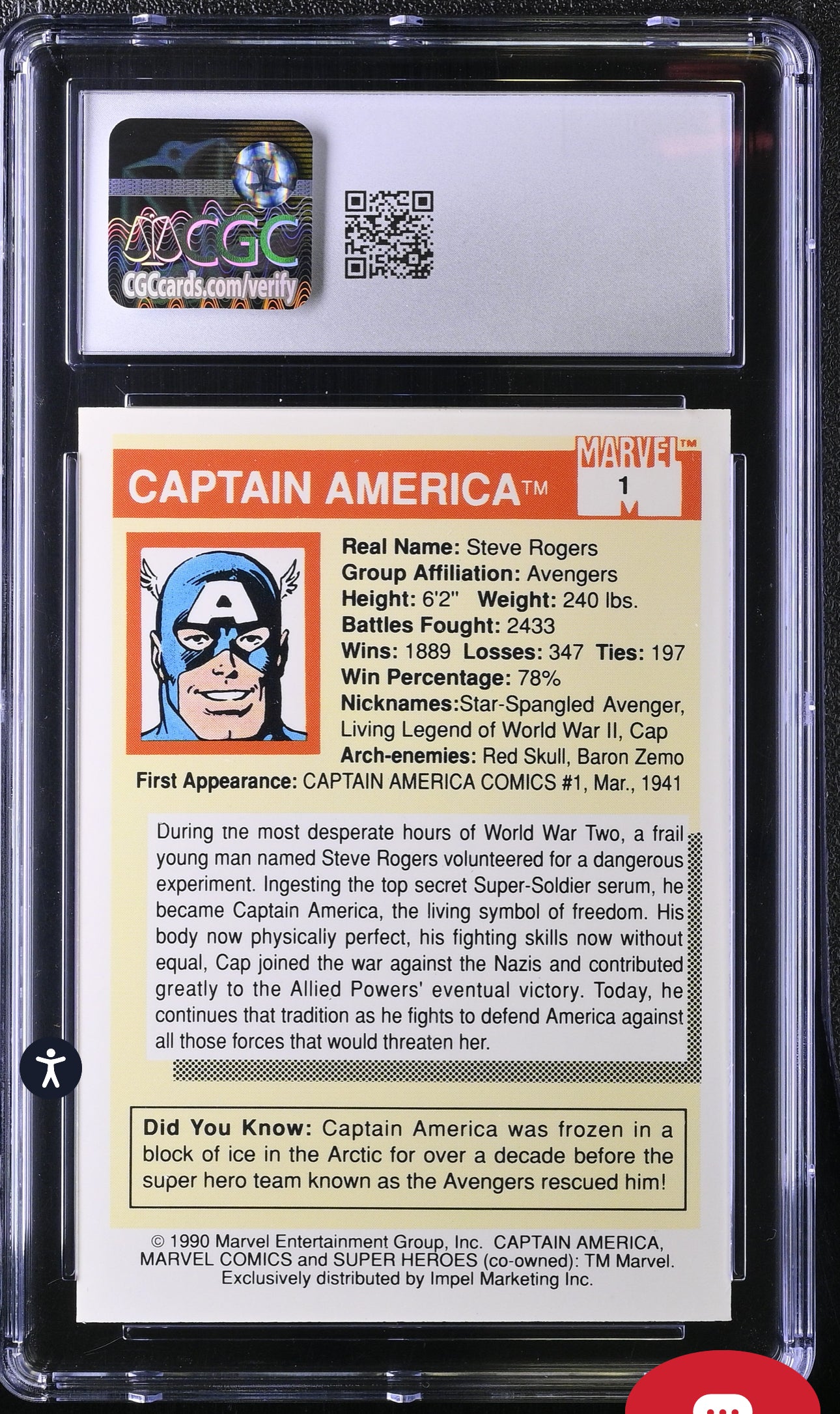Captain America CGC 7 (Near Mint) Marvel Universe Series I 1990 Impel #1 CGC CARDS