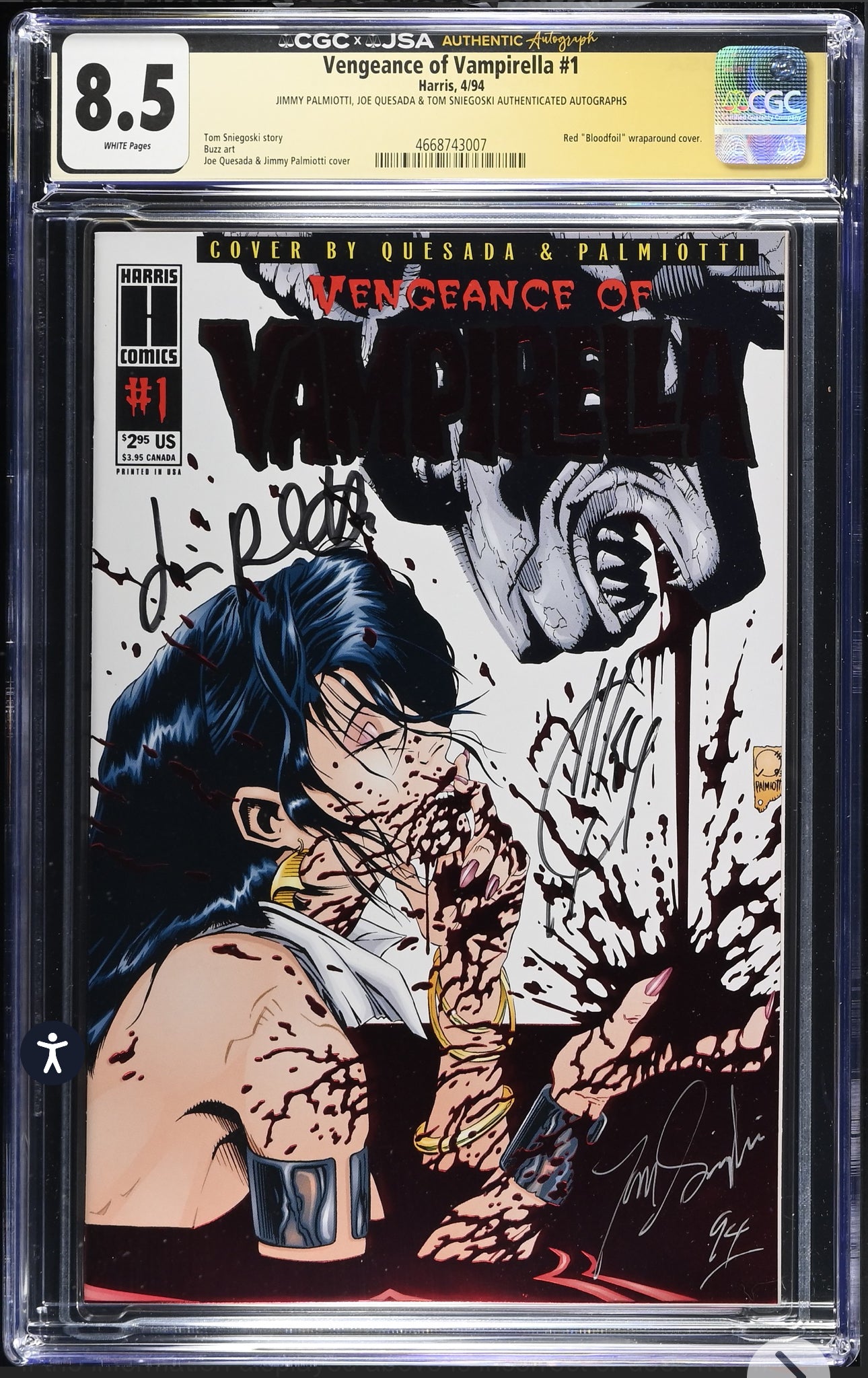 Vengeance of Vampirella #1 CGC X JSA 8.5 (Harris, 1994) Signed by Tom Sniegoski, Jimmy Palmiotti & Joe Quesada