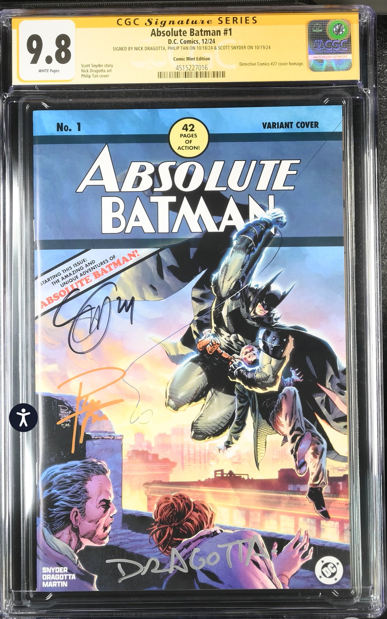 ABSOLUTE BATMAN #1 CGC SS 9.8 (DC, 2024) Phillip Tan Variant Signed by Philip Tan, Scott Snyder & Nick Dragotta