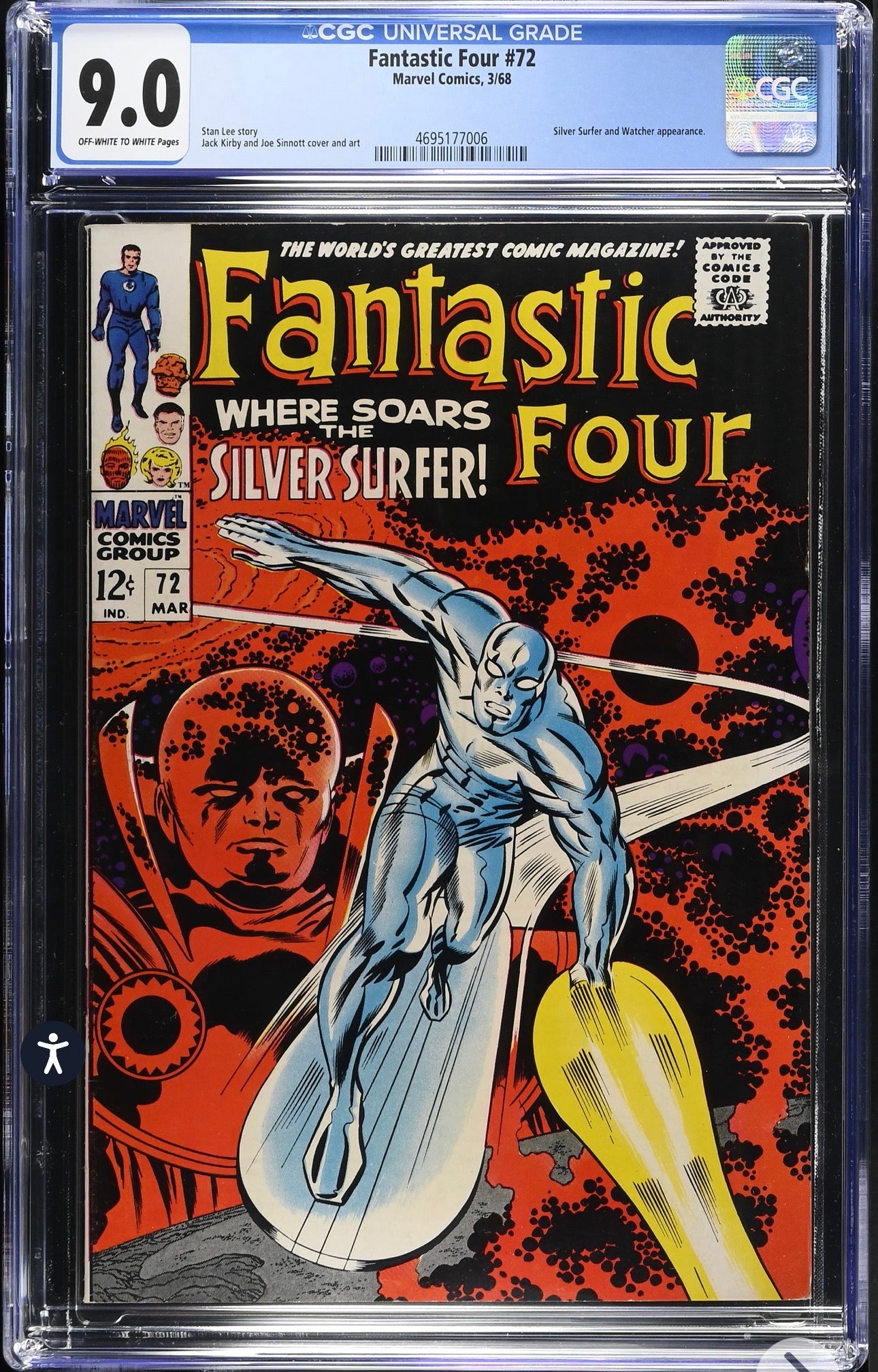 FANTASTIC FOUR #72 CGC 9.0 (Marvel, 1968) ICONIC SILVER SURFER COVER
