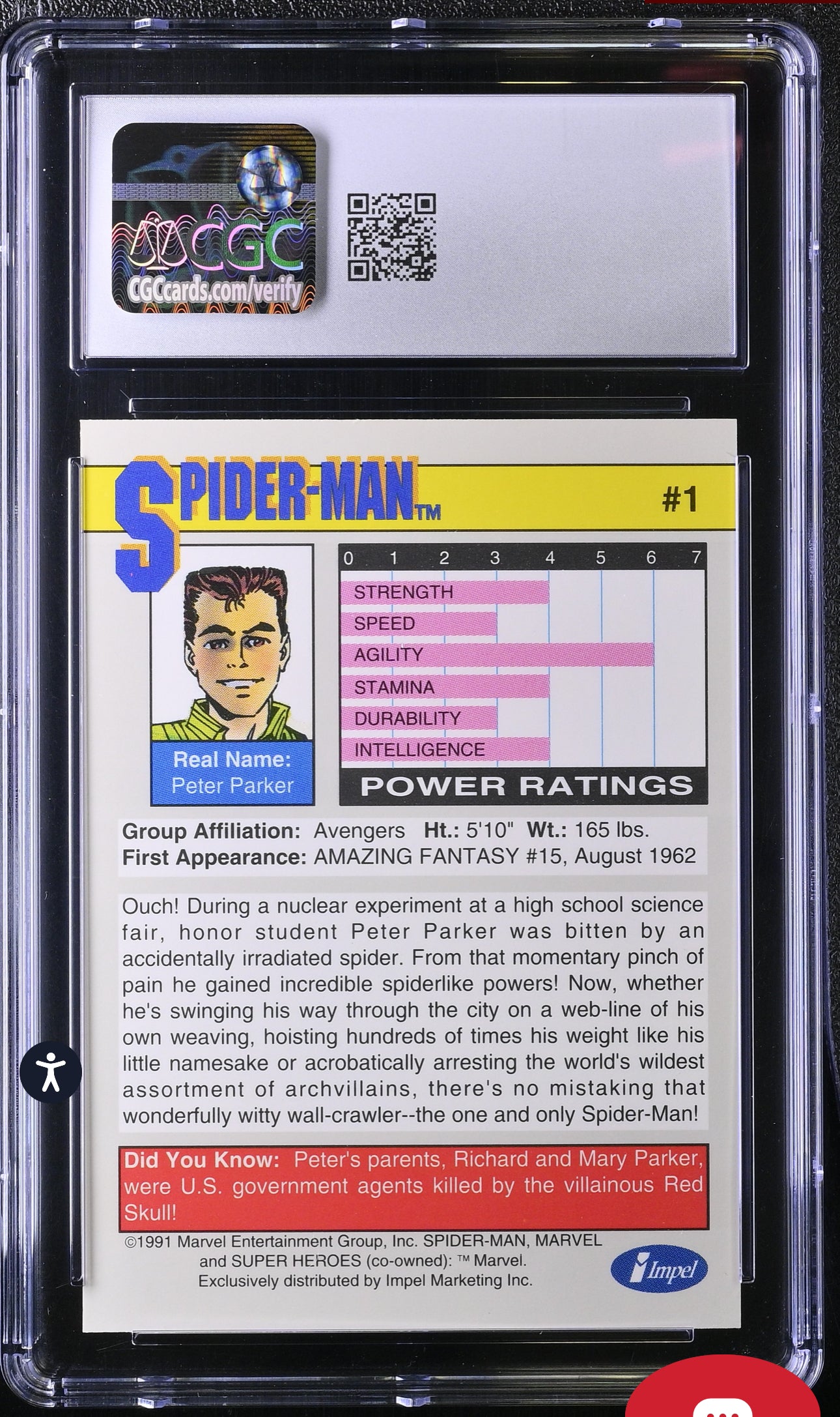 Spider-Man CGC 9.5 (Mint+) Marvel Universe Series II 1991 Impel #1 CGC CARDS