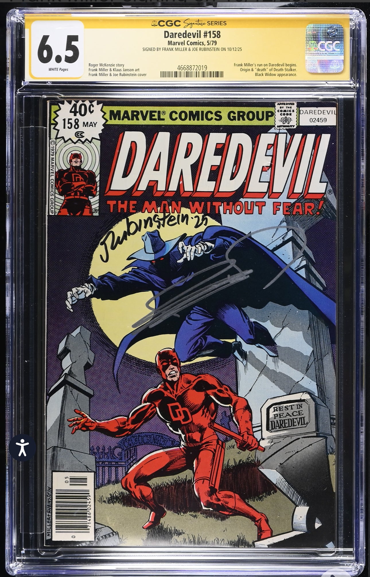 Daredevil #158 CGC SS 6.5 Newsstand Edition Signed By Frank Miller & Joe Rubinstein (Marvel,