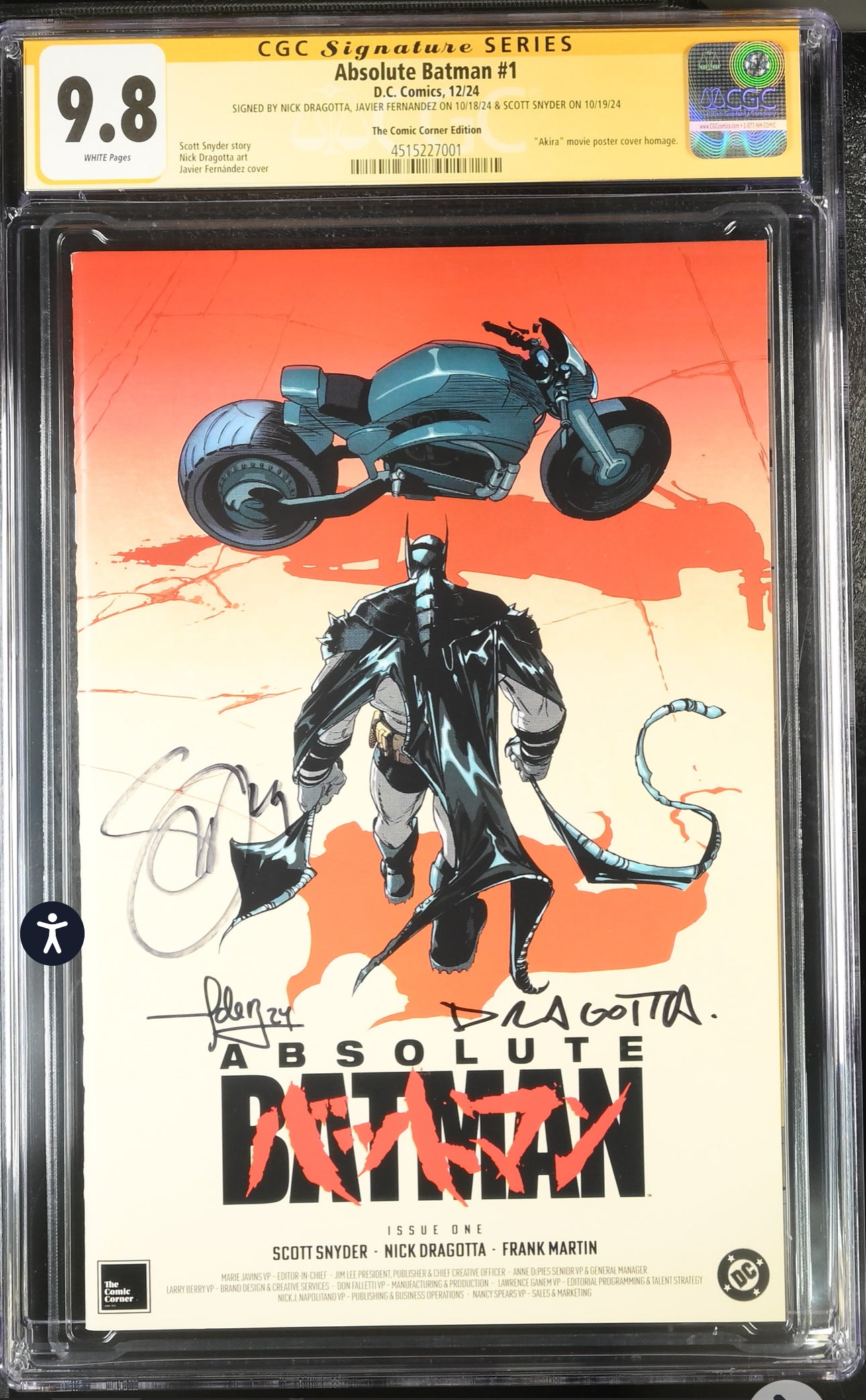 Absolute Batman #1 CGC SS 9.8 (DC, 2024) Akira Homage Cover Signed by Javier Fernandez, Signed by Scott Snyder and Nick Dragotta