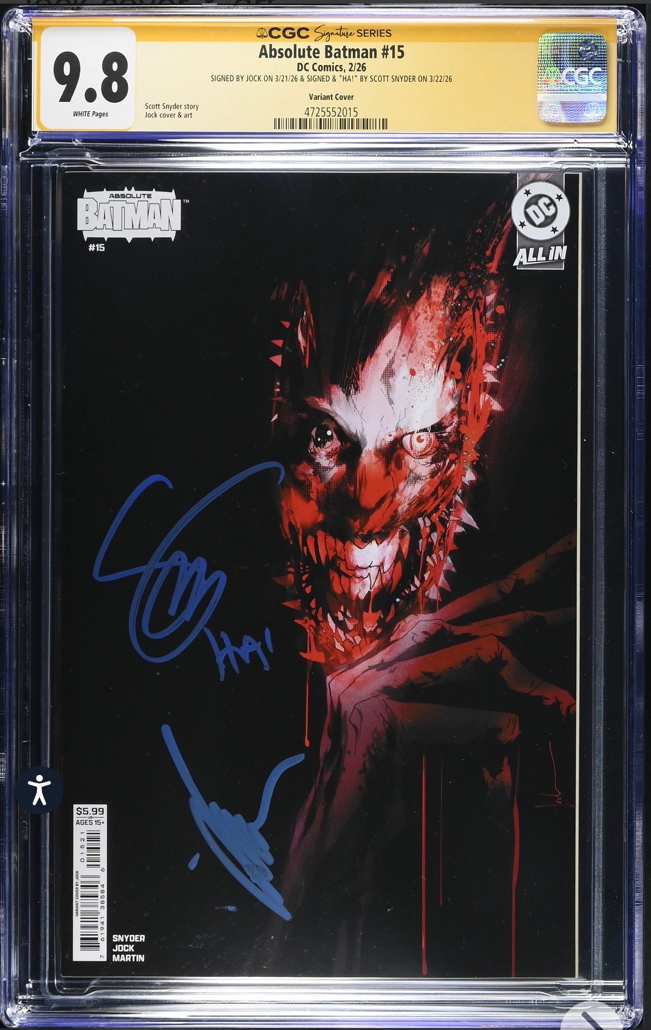 Absolute Batman #15 CGC SS 9.8 Signed By Jock And Scott Snyder DC, 2026 Jock Variant