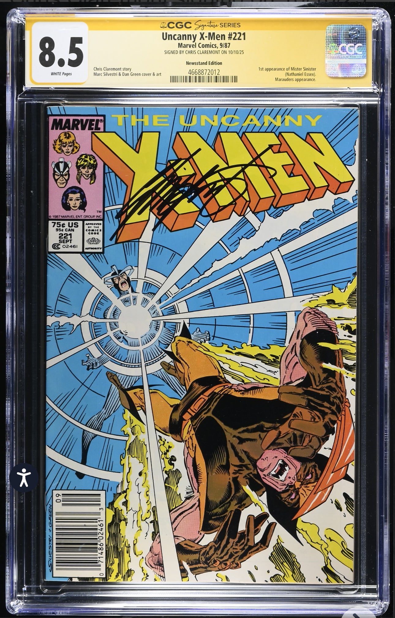 Uncanny X-MEN #221 CGC SS 8.5 (Marvel 1987, Newsstand) Signed By Chris Claremont