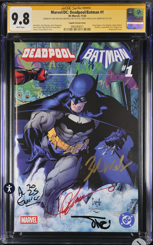 Marvel/DC: Deadpool/Batman #1 CGC SS 9.8 Marvel, Capullo Variant, 2025) Signed By Alex Sinclair, Zeb Wells, Greg Capullo, Al Ewing
