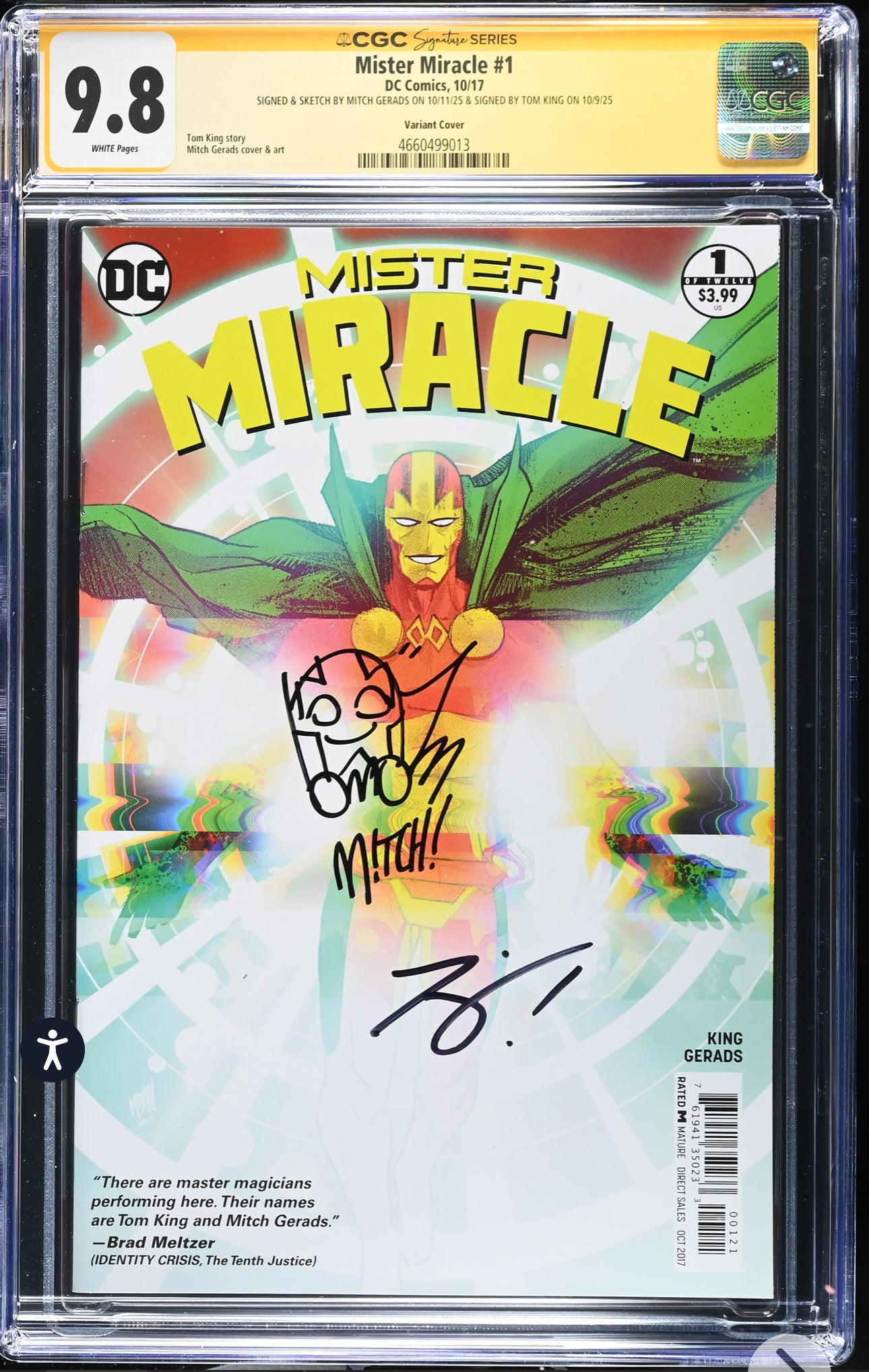 Mister Miracle #1 CGC SS 9.8 (DC, 2017) Signed By Tom King & Signed/Sketch By Mitch Gerads