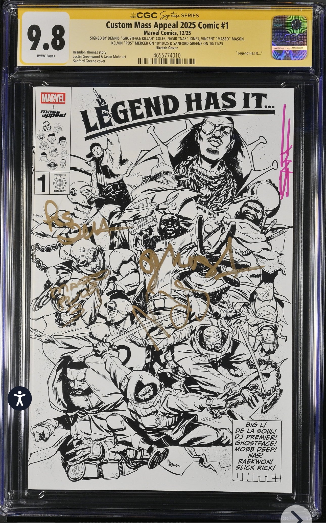 Legend Has It Mass Appeal x Marvel Comic #1 CGC SS 9.8 (Sketch Variant) signed by Ghostface Killah, Nas, Maseo & Pos from De La Soul And Sanford Greene