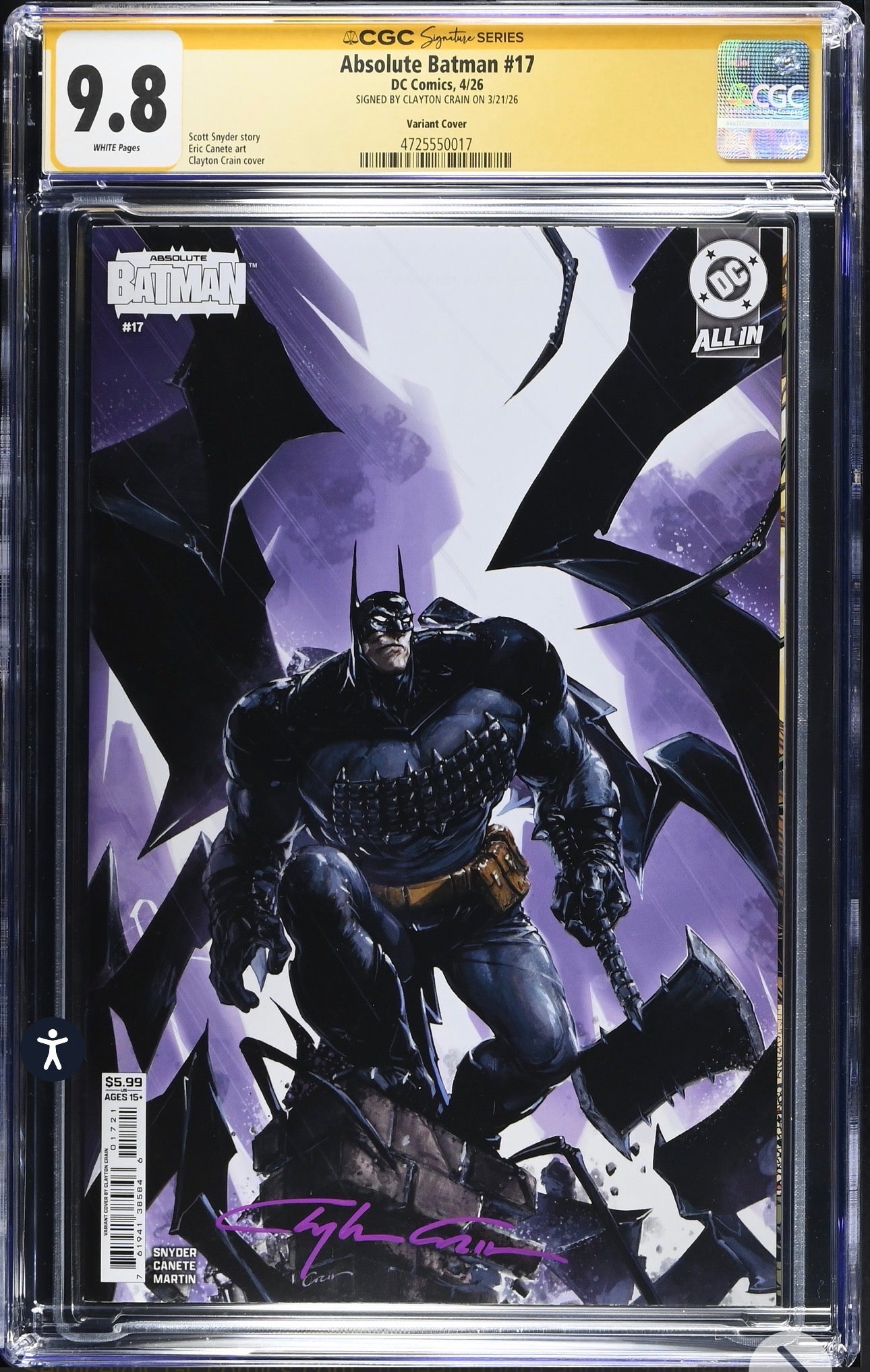 Absolute Batman #17 CGC SS 9.8 Signed B Clayton Crain (DC, 2026) Crain Variant