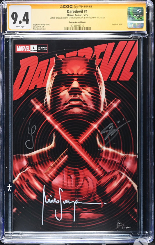 DAREDEVIL #1 CGC SS 9.4 Signed By Mico Suayan, Stephanie Phillips, Lee Garbett (Marvel, 2026) Trade Dress Variant