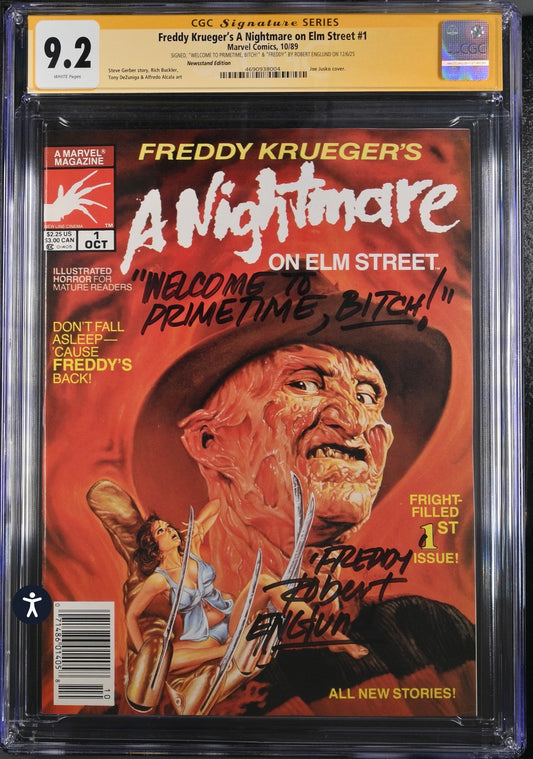 Freddy Kruegers A Nightmare on Elm Street #1 CGC SS 9.2 (Marvel, 1989 Newsstand Edition) Signed By Robert Englund and wrote “Welcome to Primetime, Bitch! Freddy”