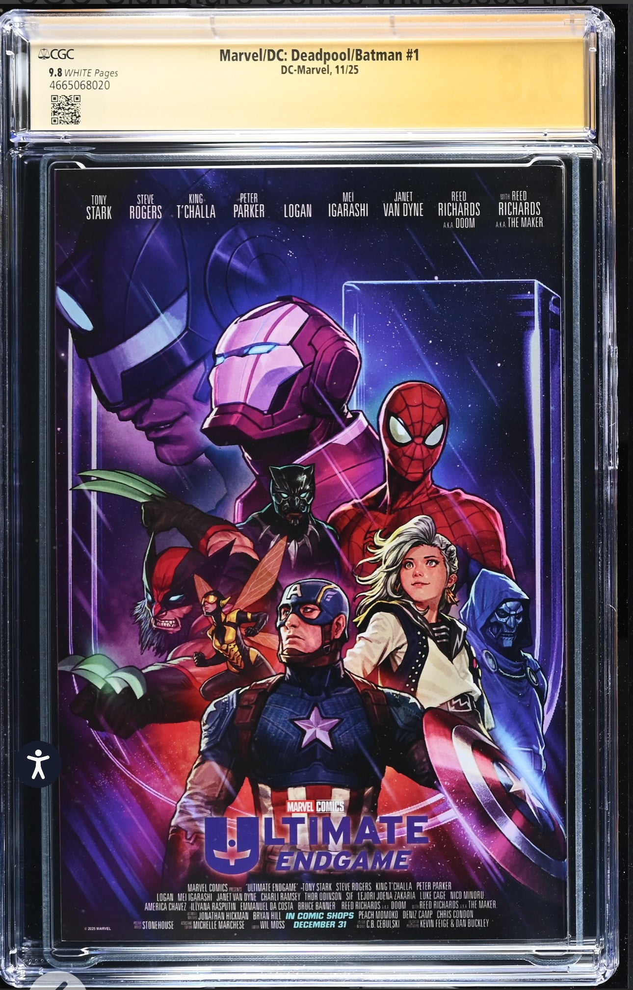 Marvel/DC: Deadpool/Batman #1 CGC SS 9.8 Marvel, Cover A, 2025) Signed By Alex Sinclair, Zeb Wells, Greg Capullo, Al Ewing