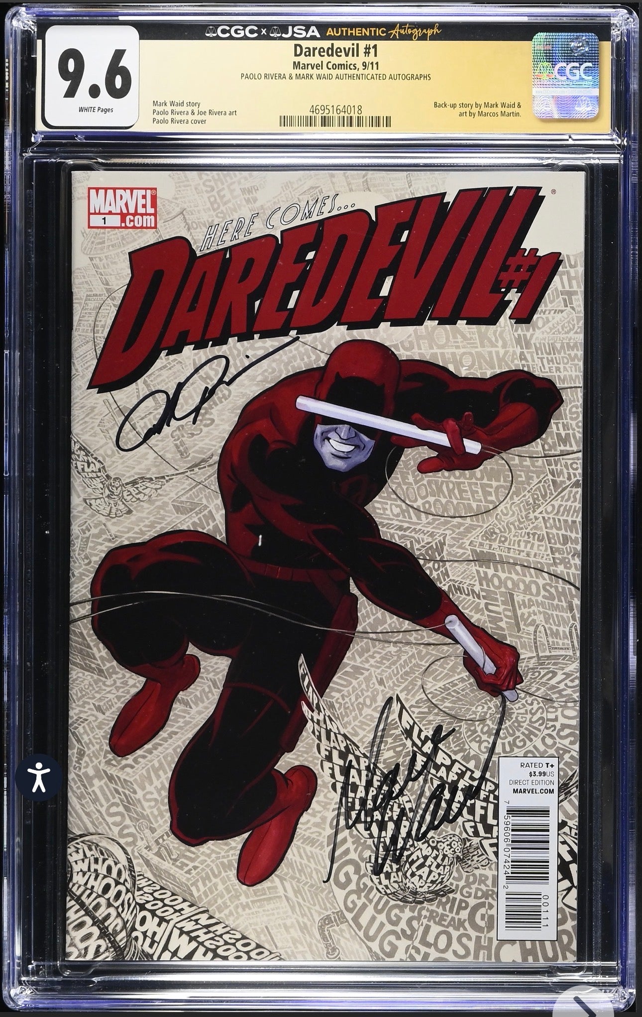 Daredevil #1 CGC x JSA 9.6 Signed By Paolo Rivera & Mark Waid (Marvel, 2011)